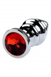 Серебряная анальная втулка Metal by TOYFA, ребристая, с красным кристаллом (8, Ø 3.5 см)