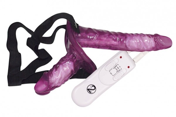 Двойной фиолетовый страпон с вибрацией Vibrating Strap-on Duo (18, Ø 3 см и 10, Ø 3.5 см)