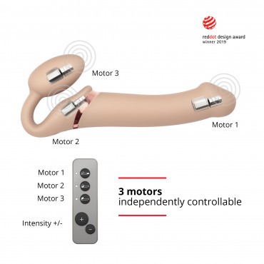 Безремневой страпон Strap-on 3 Motoren с вибрацией + пульт ДУ, телесный (L - 25, Ø 3.7 см)