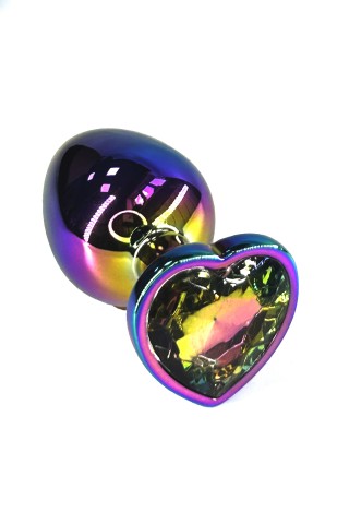Анальная пробка из алюминия с кристаллом в форме сердца цвета неохром (10, Ø 4 см)