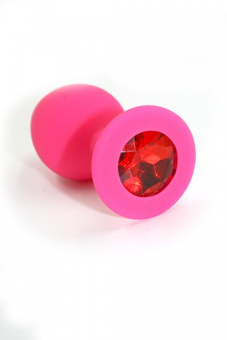 Розовая анальная пробка из силикона Medium с красным кристаллом (7, Ø 3.5 см)