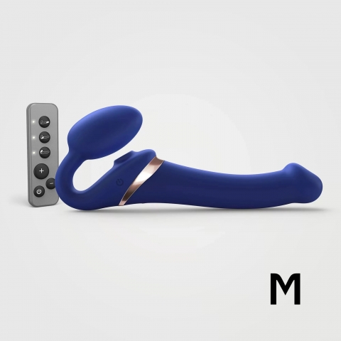 Вибрострапон Strap-On-Me Multi Orgasm с 3 моторами и клиторальным стимулятором, синий (M - 15.2, Ø 3.8 см)